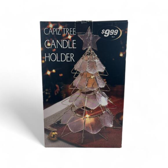 Vintage Capiz Shell Christmas Tree Candle Holder with Brass Frame Star Topper - Picture 2 of 16